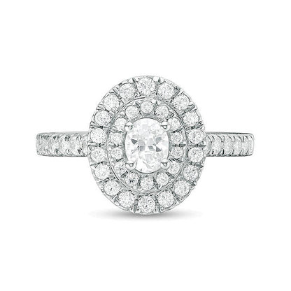 1.0 CT. TW Verlobungsring mit ovalen und runden Diamanten und Doppel-Halo in 14K Weißgold