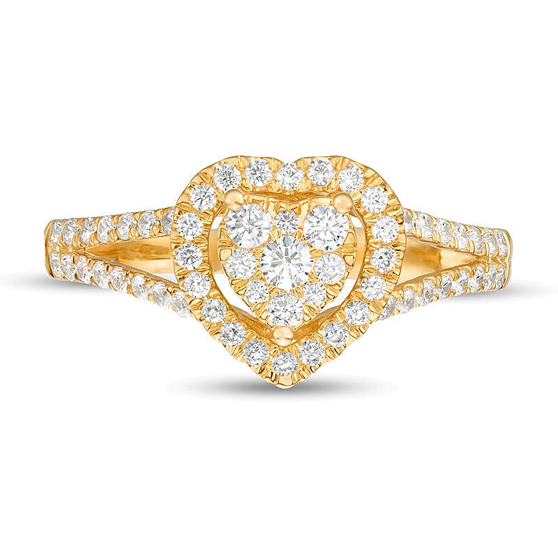 0.5 ct. Gesamtgewicht Komposit-Diamant Verlobungsring mit Herz-Rahmen und geteiltem Ring in 10K Gelbgold