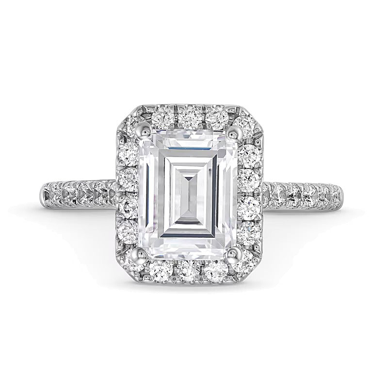 2.5 CT. Gesamtgewicht Verlobungsring mit Labordiamanten im Smaragdschliff und Halo in 14K Weißgold (F/SI2)
