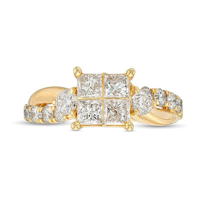 1.5 ct. Gesamtgewicht Verlobungsring mit Diamanten im Princess- und Rundschliff und gedrehter Ringschiene in 14K Gelbgold