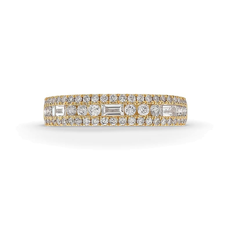 0.63 ct. Gesamtgewicht Memoire-Ring mit Baguette- und runden Diamanten, dreireihig, in 14K Gelbgold