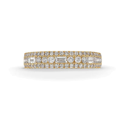 0.63 ct. Gesamtgewicht Memoire-Ring mit Baguette- und runden Diamanten, dreireihig, in 14K Gelbgold