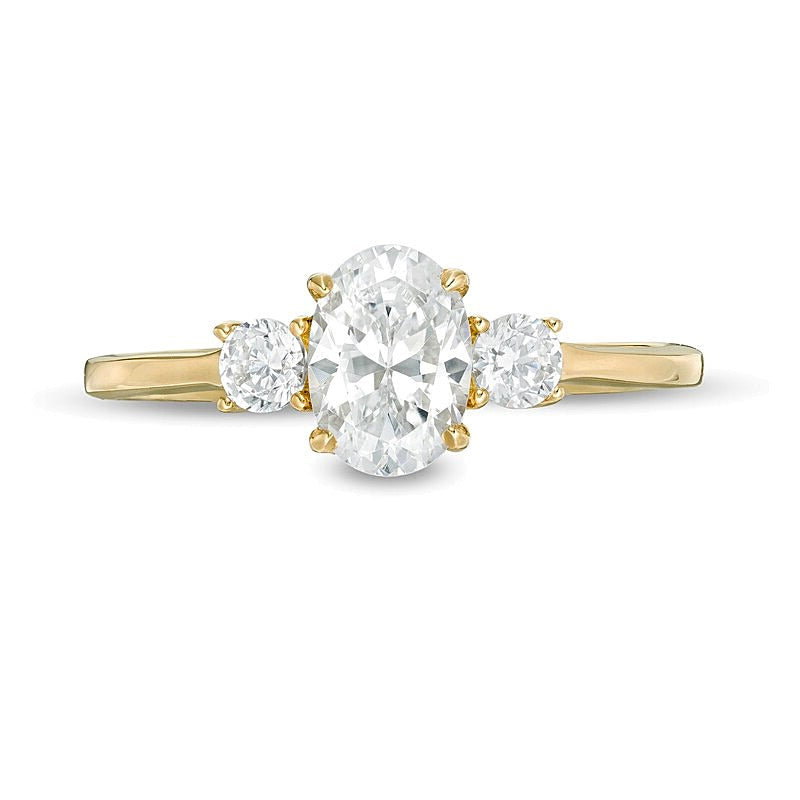 1.0 CT. Gesamtgewicht Dreistein-Verlobungsring mit ovalen und runden Diamanten in 14K Gelbgold