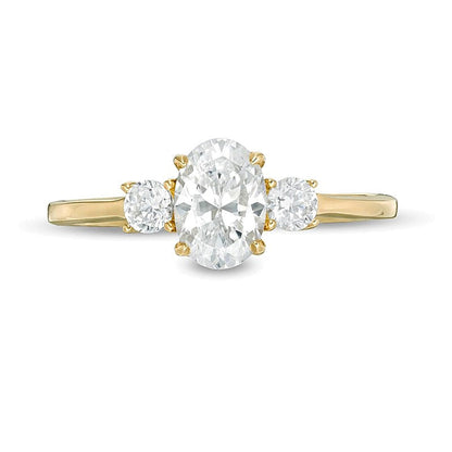 1.0 CT. Gesamtgewicht Dreistein-Verlobungsring mit ovalen und runden Diamanten in 14K Gelbgold
