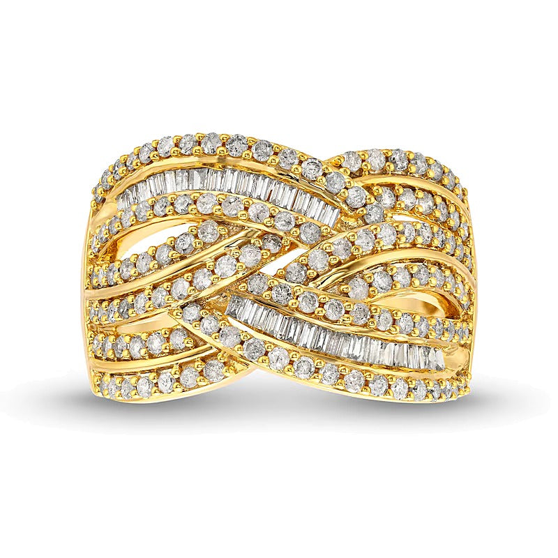 Ring mit Baguette- und runden Diamanten im Overlay-Design 1.0 ct. Gesamtgewicht in 10K Gelbgold