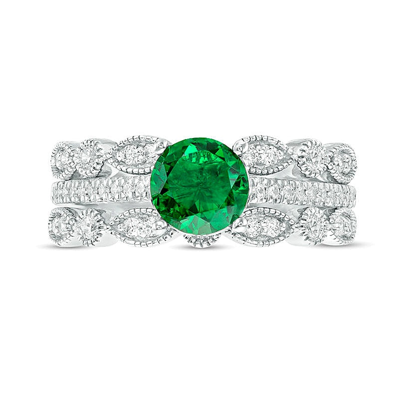 6.5mm Labor-Smaragd und 0,25 ct. Gesamtgewicht Diamant Braut-Set im Vintage-Stil aus rhodiniertem Sterlingsilber
