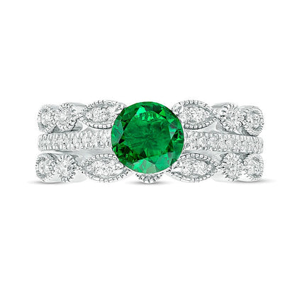 6.5mm Labor-Smaragd und 0,25 ct. Gesamtgewicht Diamant Braut-Set im Vintage-Stil aus rhodiniertem Sterlingsilber