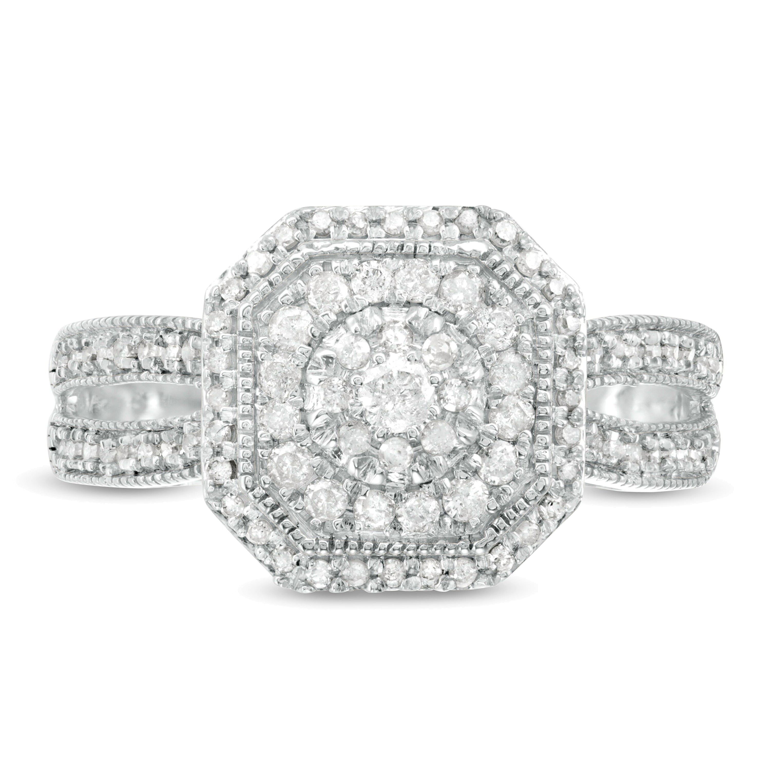 0.5 ct. Gesamtgewicht Komposit-Verlobungsring mit Diamanten, achteckigem Rahmen im Vintage-Stil und geteilter Schiene in 10K Weißgold