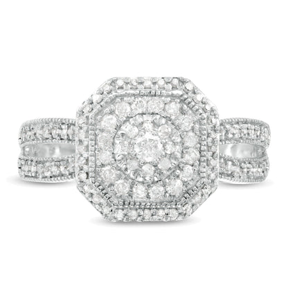 0.5 ct. Gesamtgewicht Komposit-Verlobungsring mit Diamanten, achteckigem Rahmen im Vintage-Stil und geteilter Schiene in 10K Weißgold