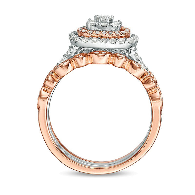 0.88 ct. Gesamtgewicht Komposit-Diamant Braut-Set im Art-déco-Vintage-Stil mit doppeltem Kissenschliff-Rahmen aus 14K Two-Tone Gold