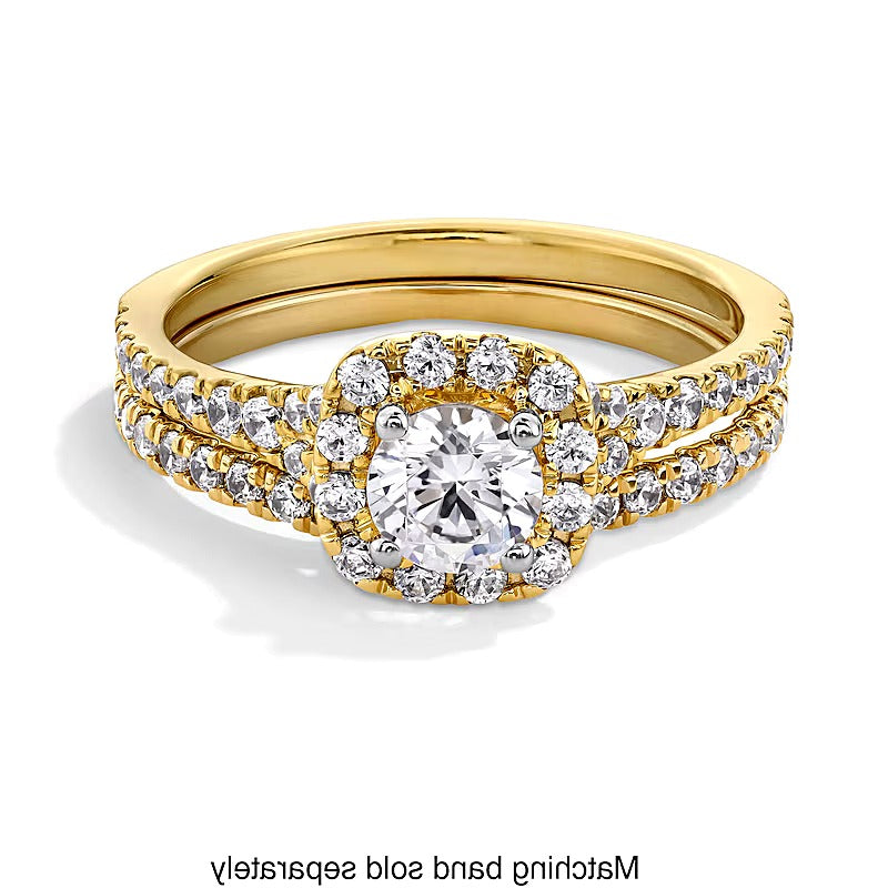 1.0 ct. Gesamtgewicht Labordiamant-Verlobungsring mit Halo, Kissenschliff und geteiltem Ring in 14K Gelbgold (F/SI2)
