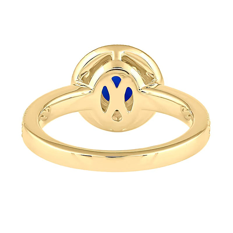 6,0 mm blauer Saphir und Labordiamant 0,38 ct. Gesamtgewicht Halo-Ring im Vintage-Stil in 14K Gelbgold