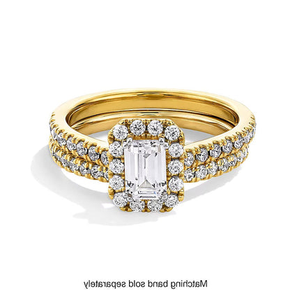 Verlobungsring mit Labordiamanten im Smaragdschliff 1.0 ct. Gesamtgewicht, Halo, in 14K Gelbgold (F/SI2)