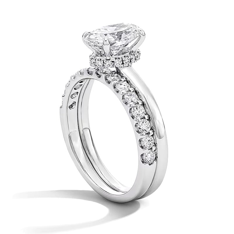2.0 CT. TW Braut-Set mit ovalem Labordiamant und verstecktem Rahmen in 14K Weißgold (F/VS2)
