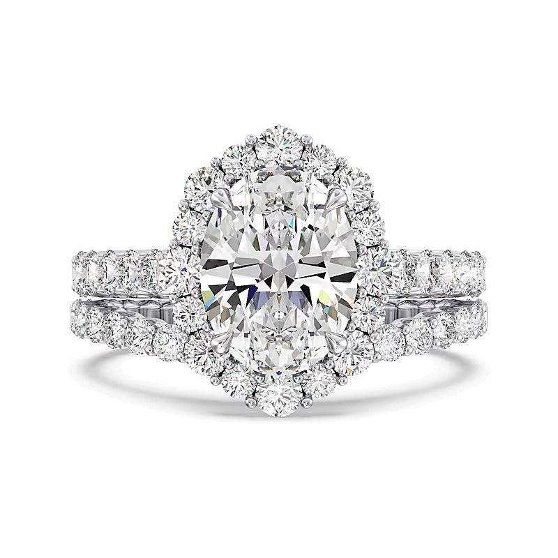 Halo-Verlobungsring mit ovalem Labordiamant 4,75 ct. Gesamtgewicht in 14K Weißgold