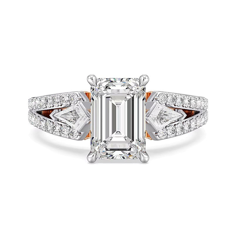 Verlobungsring Solitär mit seitlichem Besatz für Damen mit Labordiamanten im Smaragdschliff, 4.0 ct. Gesamtgewicht, in 14K Gold Two-Tone