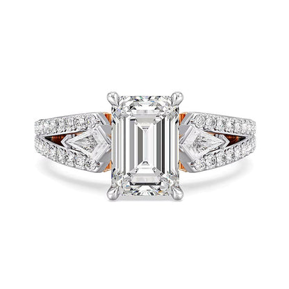 Verlobungsring Solitär mit seitlichem Besatz für Damen mit Labordiamanten im Smaragdschliff, 4.0 ct. Gesamtgewicht, in 14K Gold Two-Tone