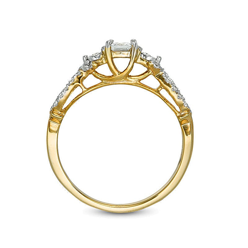 0.38 ct. Gesamtgewicht Diamant-Verlobungsring Dreistein im Princess-Schliff mit Crossover-Ringschiene in 10K Gelbgold