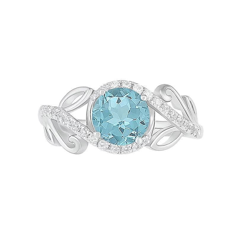 7,0 mm Aquamarin und 0,38 ct. Gesamtgewicht Diamant Bypass Brautset mit Blattdesign-Ringschiene in 10K Weißgold
