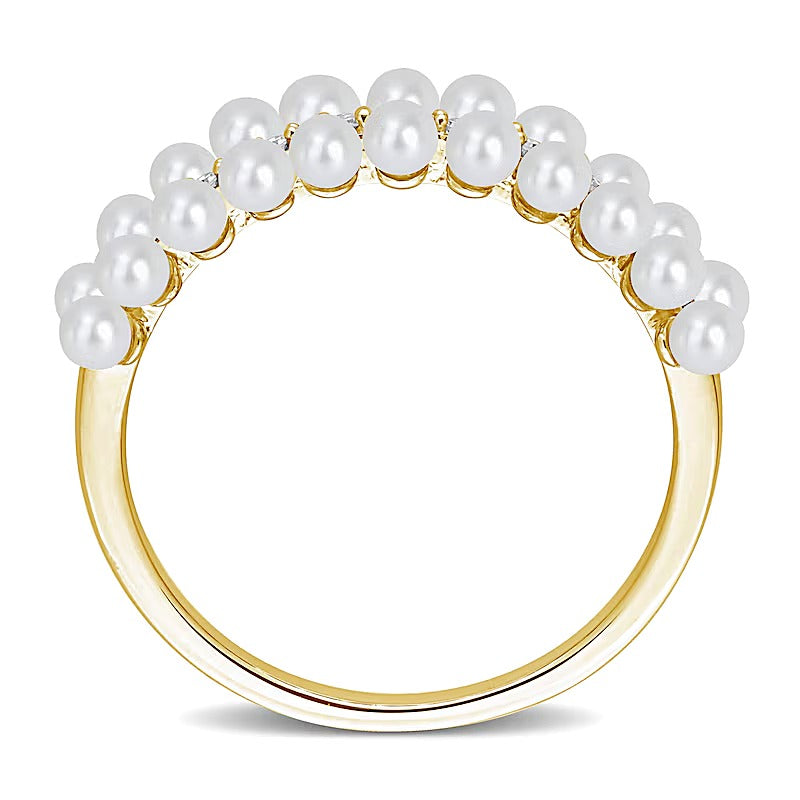Ring mit Zuchtperlen und 0,1 ct. Gesamtgewicht Diamanten, dreireihig, in 10K Gelbgold