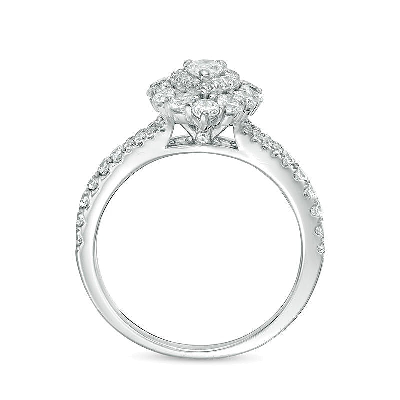 Verlobungsring mit Halo, tropfenförmigem und rundem Diamant, 1.0 CT. Gesamtgewicht, in 14K Weißgold