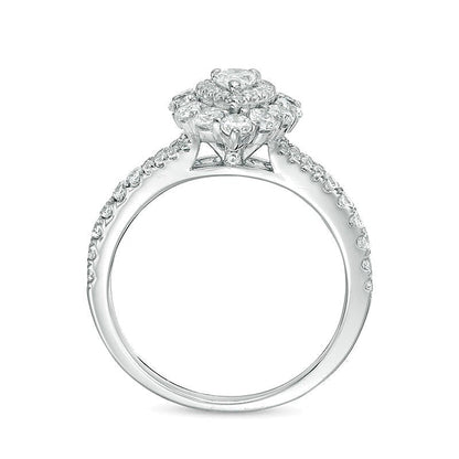 Verlobungsring mit Halo, tropfenförmigem und rundem Diamant, 1.0 CT. Gesamtgewicht, in 14K Weißgold