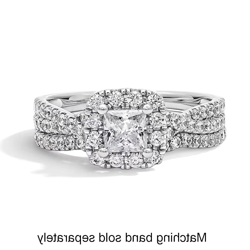 1.0 CT. TW Verlobungsring mit Labordiamanten im Princess-Schliff, Halo im Kissenschliff und Crossover-Schiene in 14K Weißgold