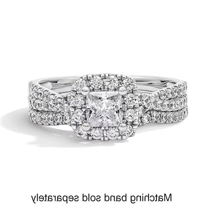 1.0 CT. TW Verlobungsring mit Labordiamanten im Princess-Schliff, Halo im Kissenschliff und Crossover-Schiene in 14K Weißgold