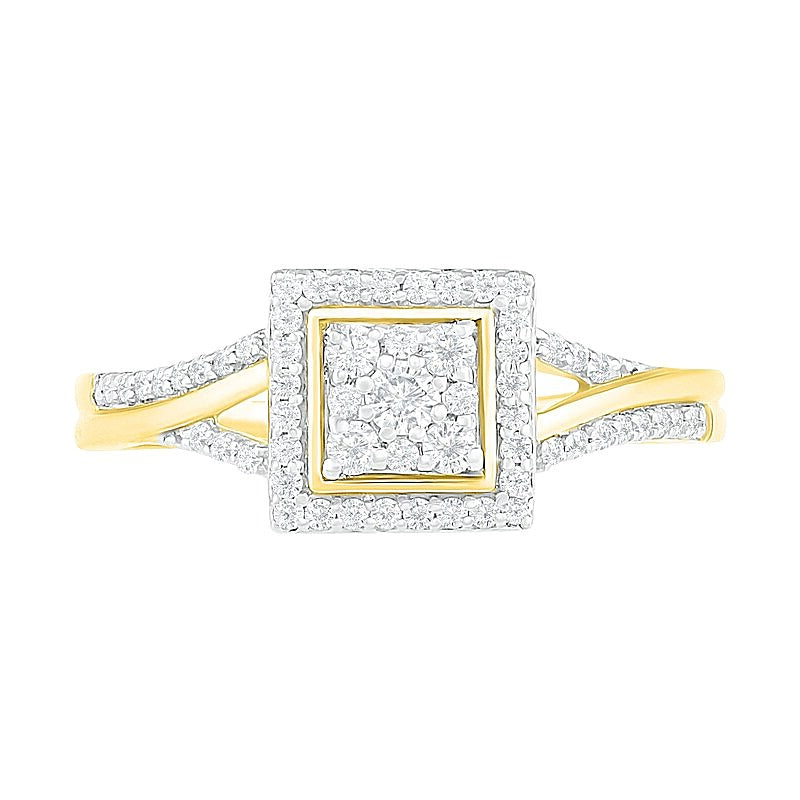 Komposit-Diamant Brautset mit quadratischem Rahmen und geteiltem Ringkopf 0,38 ct. Gesamtgewicht in 10K Gelbgold