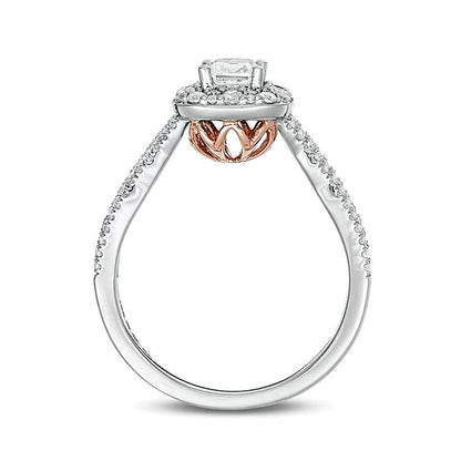 Halo-Verlobungsring mit Diamant im Smaragdschliff 1.0 ct. Gesamtgewicht in 14K Gold Bicolor