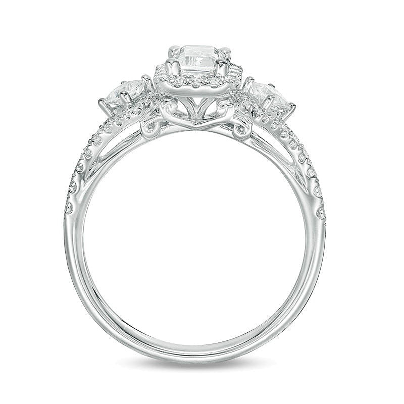 1.0 ct. Gesamtgewicht Dreistein-Verlobungsring mit Diamanten im Smaragdschliff in 14K Weißgold (I/I1)