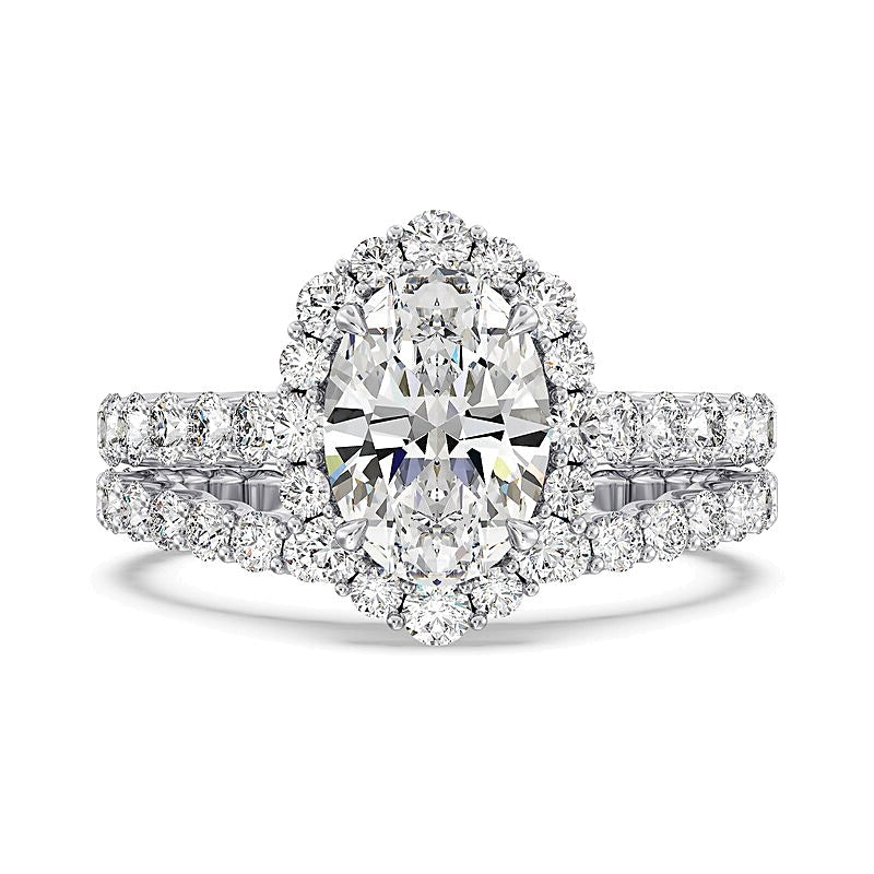 Verlobungsring mit ovalem Labordiamant und Halo, 3,5 ct. Gesamtgewicht, in 14K Weißgold