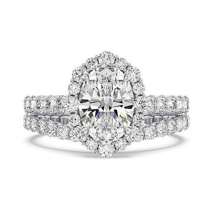 Verlobungsring mit ovalem Labordiamant und Halo, 3,5 ct. Gesamtgewicht, in 14K Weißgold