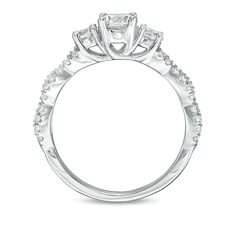 Dreistein-Verlobungsring mit Diamanten 1.0 ct. Gesamtgewicht, rund, Weiß, in 10K Weißgold für Damen