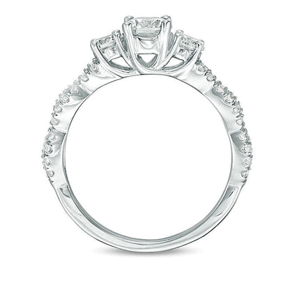Dreistein-Verlobungsring mit Diamanten 1.0 ct. Gesamtgewicht, rund, Weiß, in 10K Weißgold für Damen