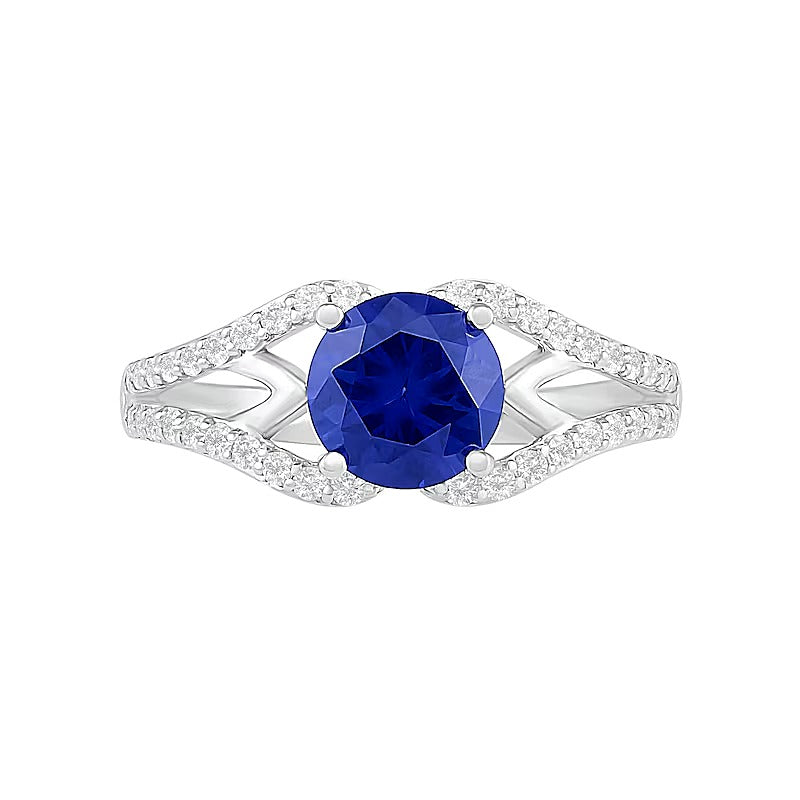 7,0mm Braut-Set mit blauem und weißem Labor-Saphir (rund), geometrisch, geteilte Schiene, in rhodiniertem Sterlingsilber