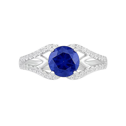 7,0mm Braut-Set mit blauem und weißem Labor-Saphir (rund), geometrisch, geteilte Schiene, in rhodiniertem Sterlingsilber