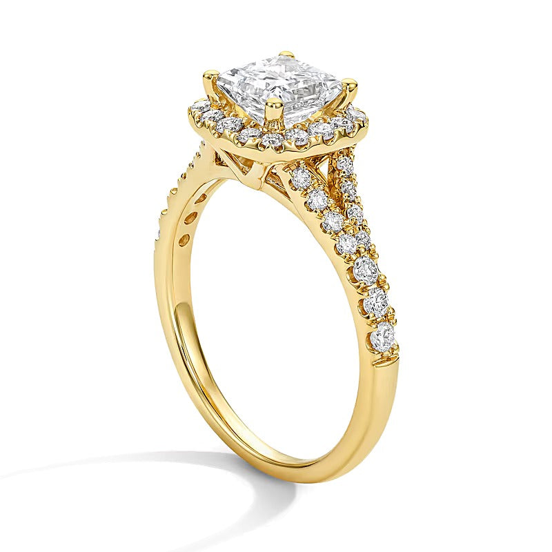 1.5 CT. Gesamtgewicht Verlobungsring mit Labordiamant im Princess-Schliff und Halo in 14K Gelbgold (F/VS2)