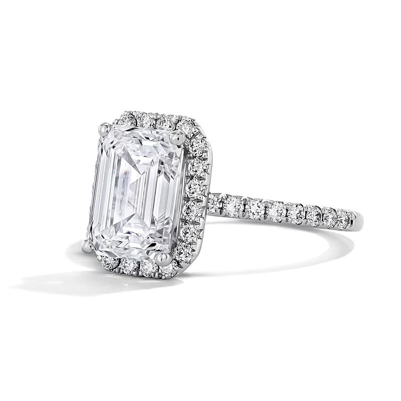 Verlobungsring mit Labordiamanten im Smaragdschliff, Halo, 3.5 ct. Gesamtgewicht, 14K Weißgold (F/VS2)