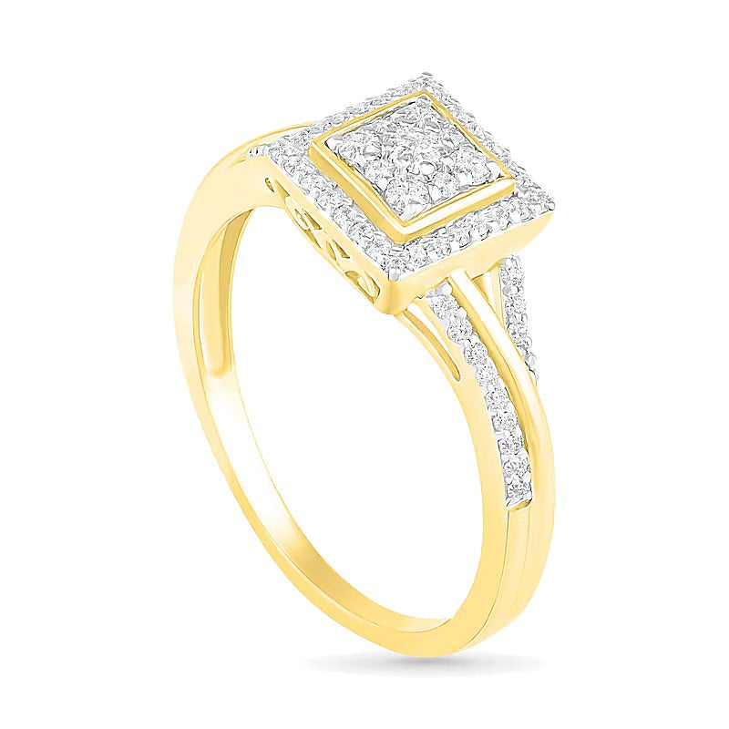 Komposit-Diamant Brautset mit quadratischem Rahmen und geteiltem Ringkopf 0,38 ct. Gesamtgewicht in 10K Gelbgold