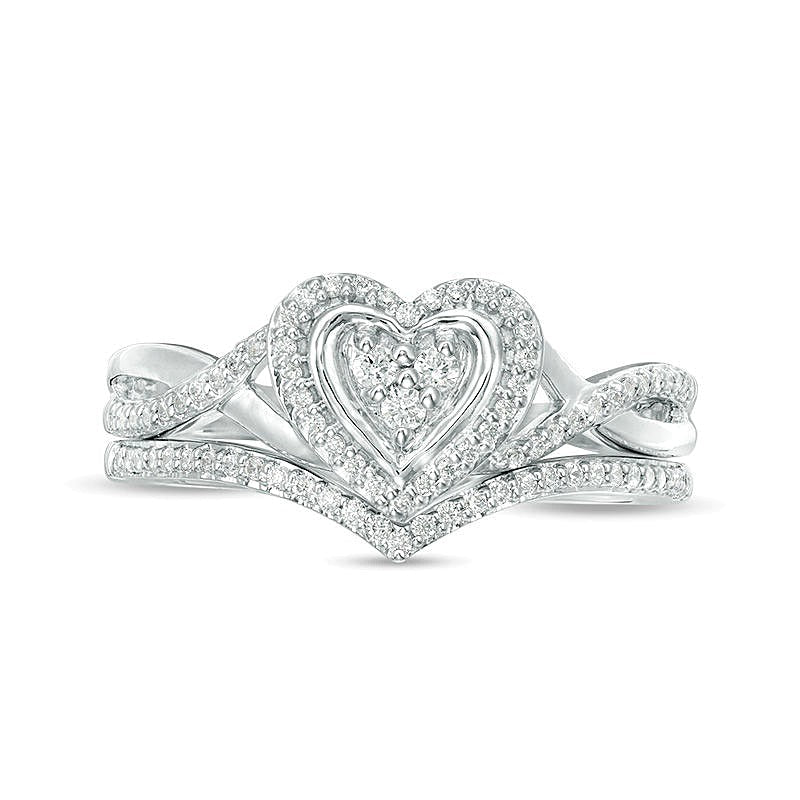 0.2 ct. Gesamtgewicht Diamant Brautset mit Herz-Rahmen und Twist-Design in 10K Weißgold