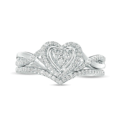 0.2 ct. Gesamtgewicht Diamant Brautset mit Herz-Rahmen und Twist-Design in 10K Weißgold