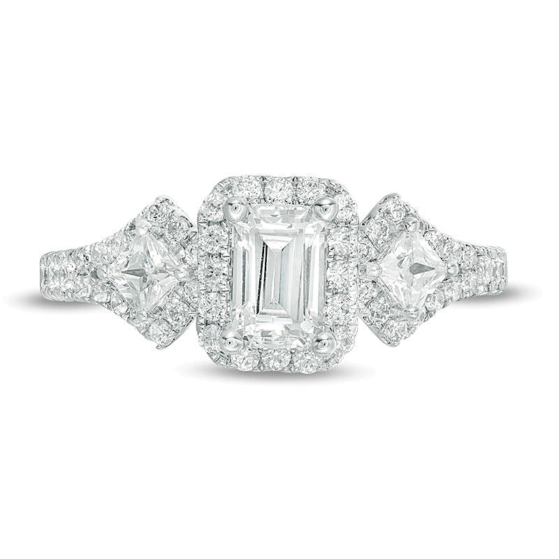 1.0 ct. Gesamtgewicht Dreistein-Verlobungsring mit Diamanten im Smaragdschliff in 14K Weißgold (I/I1)