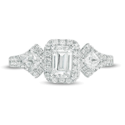 1.0 ct. Gesamtgewicht Dreistein-Verlobungsring mit Diamanten im Smaragdschliff in 14K Weißgold (I/I1)