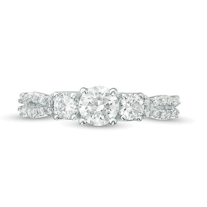 Dreistein-Verlobungsring mit Diamanten 1.0 ct. Gesamtgewicht, rund, Weiß, in 10K Weißgold für Damen