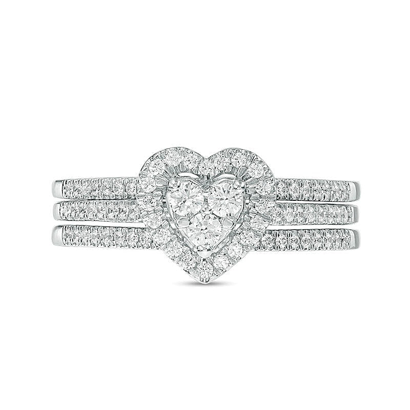 0.5 ct. Gesamtgewicht Diamant Brautset mit Herz-Rahmen dreiteilig in 10K Weißgold