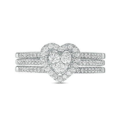 0.5 ct. Gesamtgewicht Diamant Brautset mit Herz-Rahmen dreiteilig in 10K Weißgold