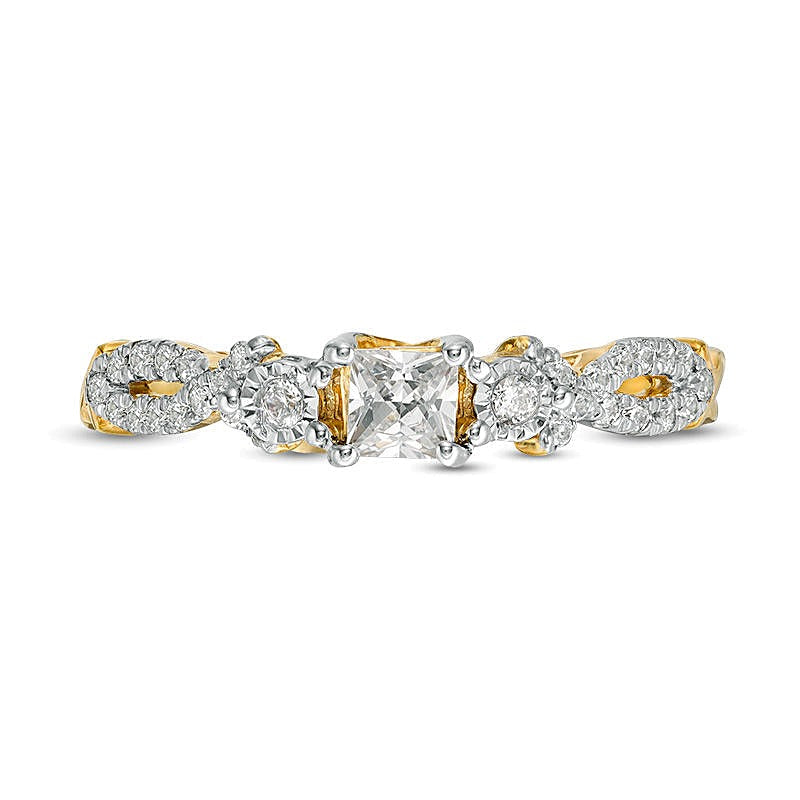 0.38 ct. Gesamtgewicht Diamant-Verlobungsring Dreistein im Princess-Schliff mit Crossover-Ringschiene in 10K Gelbgold