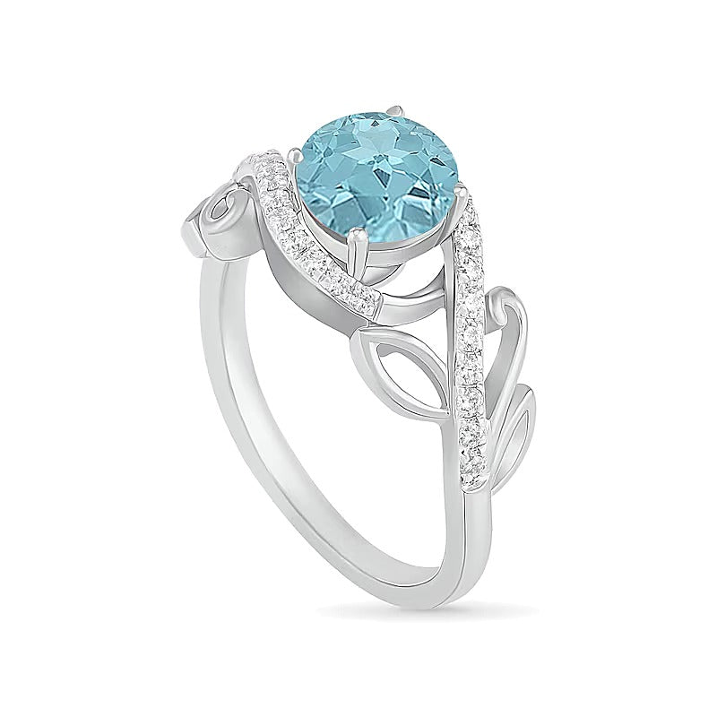 7,0 mm Aquamarin und 0,38 ct. Gesamtgewicht Diamant Bypass Brautset mit Blattdesign-Ringschiene in 10K Weißgold