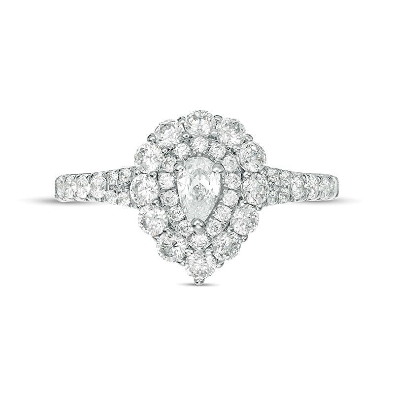 Verlobungsring mit Halo, tropfenförmigem und rundem Diamant, 1.0 CT. Gesamtgewicht, in 14K Weißgold